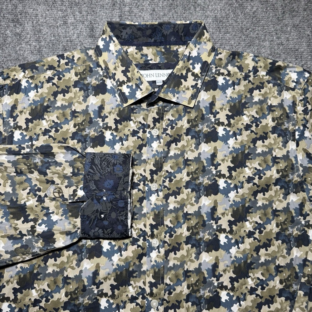John Lennon XXL Camoflauge Long Sleeve Button Down Shirt with Flip Cuffs 2XL
